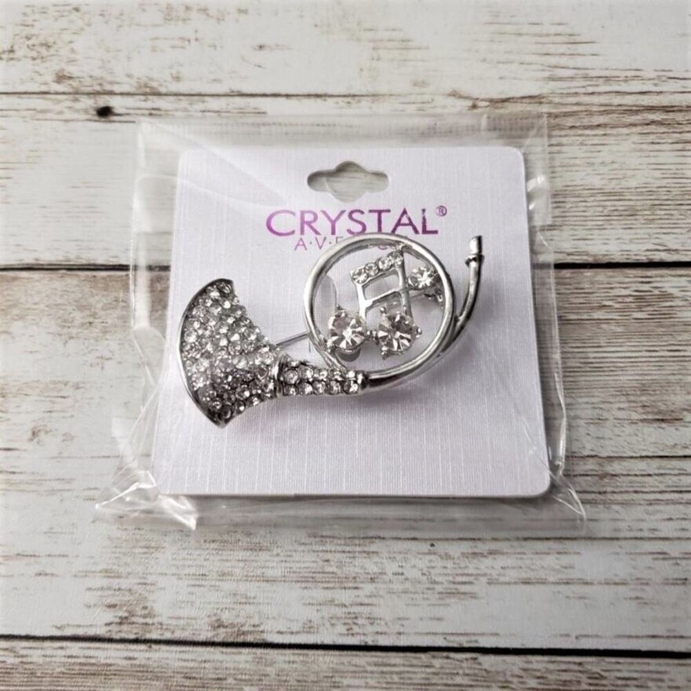 Crystal Avenue Brooch / Pin Silver Tone & Clear Gem Horn